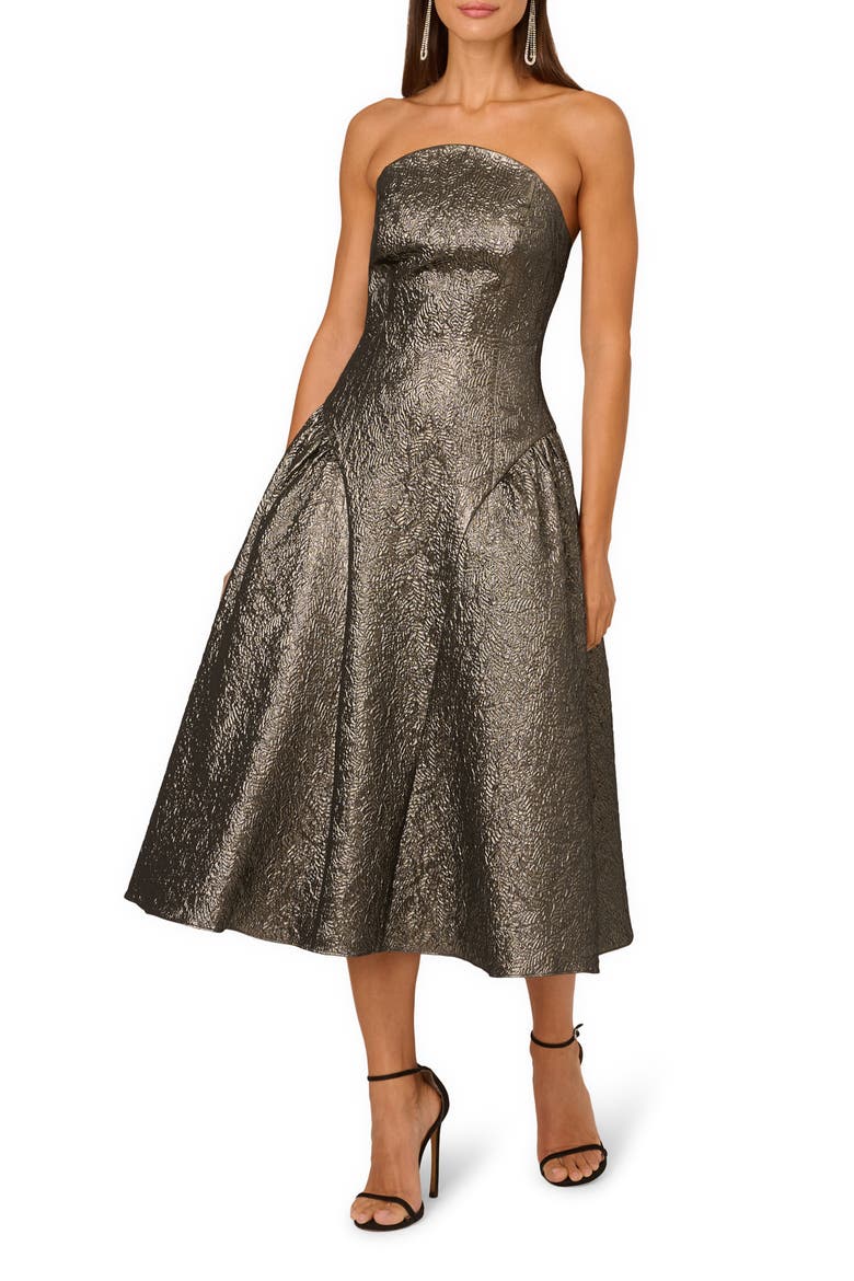 Metallic Jacquard Strapless Midi Dress, Main, color, GUNMETAL
