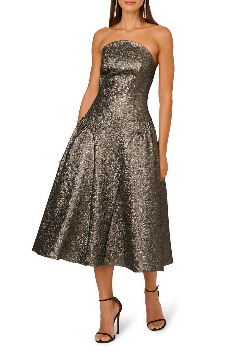 Adrianna Papell Metallic Jacquard Strapless Midi Dress, Main, color, Gunmetal