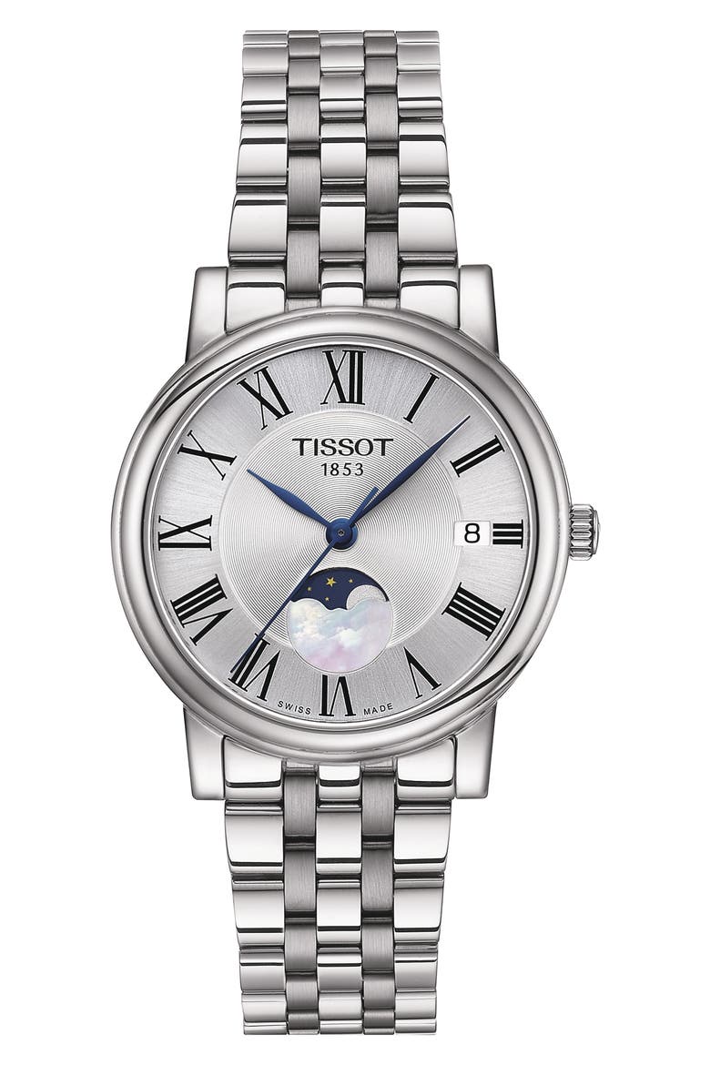 T-Classic Carson Premium Moonphase Bracelet Watch, 32mm, Main, color, SILVER