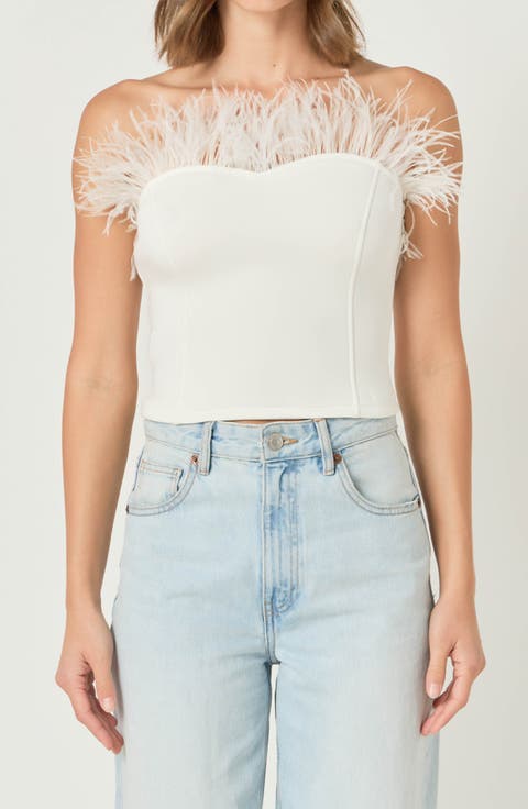 Feather Trim Strapless Top