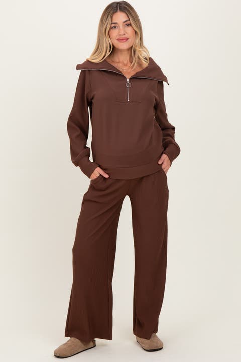 RIbbed Half Zip Pullover Wide Leg Pant Set