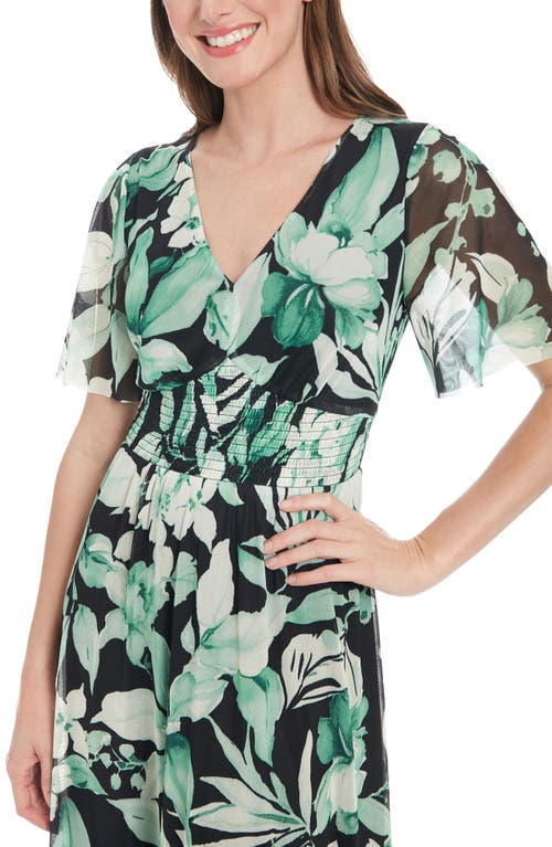 London Times Floral Smocked Flutter Sleeve Mesh Maxi Dress In Black/green