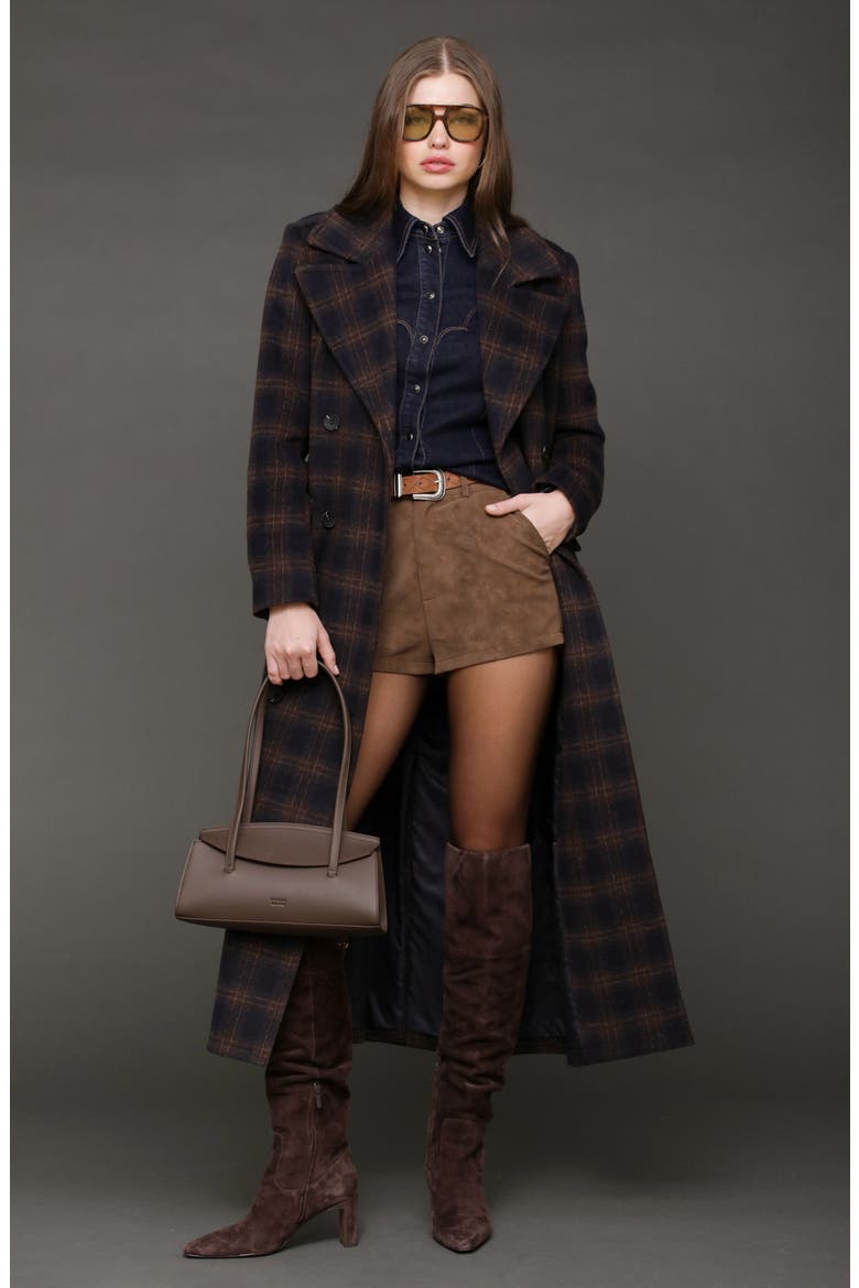 Double Breasted Tailored Maxi Coat, Alternate, color, NAVY-BURGUNDY PLAID
