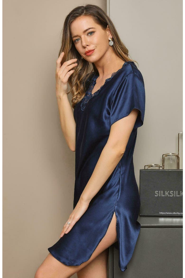Pure Silk Lace Neck Split Hem Nightgown, Alternate, color, DarkBlue