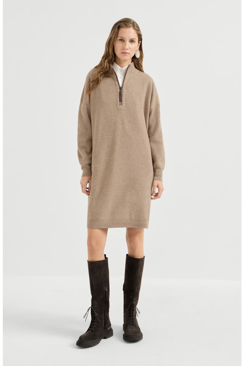 Virgin wool, cashmere and silk rib knit dress with precious half zip, Main, color, Beige