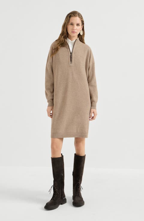 Virgin wool, cashmere and silk rib knit dress with precious half zip