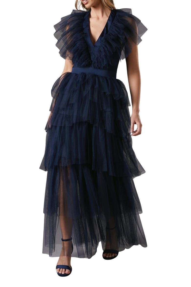 Mesh V-Neck Halter Tiered Maxi Dress, Alternate, color, Navy