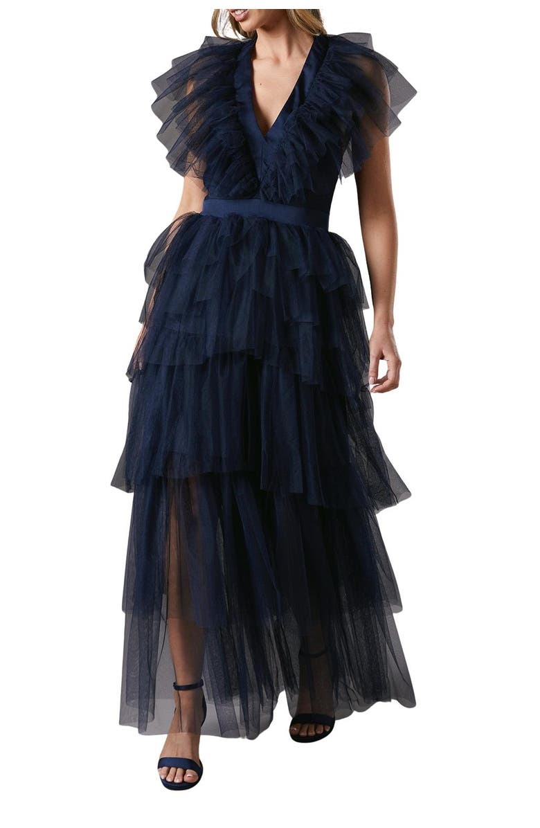 Coast Mesh V-Neck Halter Tiered Maxi Dress, Alternate, color, Navy