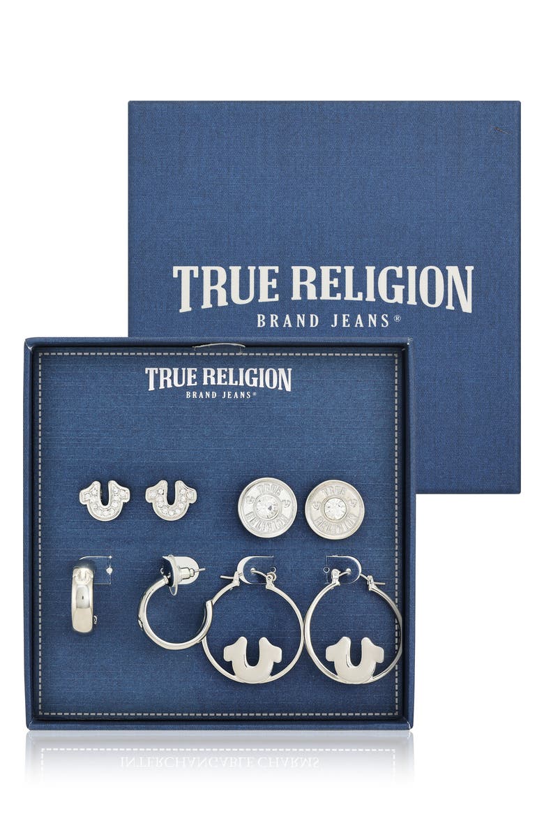 True Religion 4-Pack Assorted Stud & Hoop Earrings, Main, color, Silver Tone