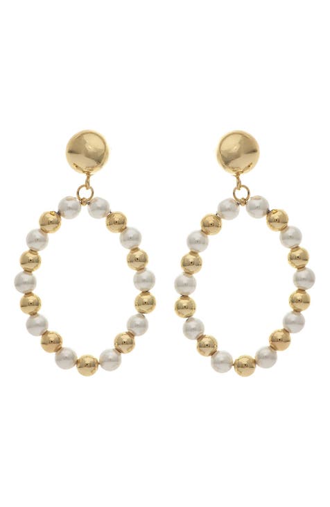 18K Yellow Gold Clad Polished Bead & Faux Pearl Earrings