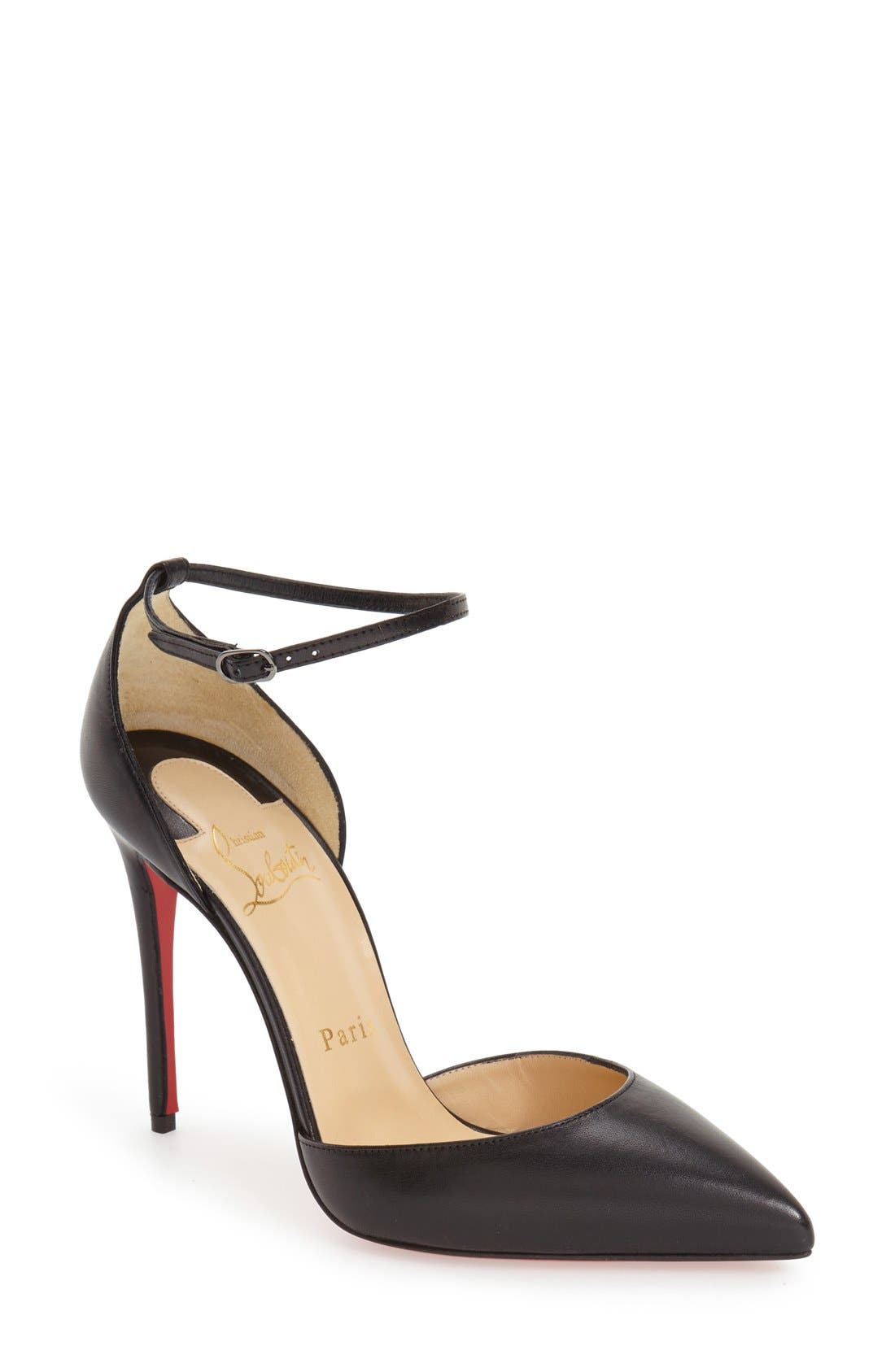 Uptown Ankle Strap Pointy Toe Pump, Main, color, BLACK LEATHER