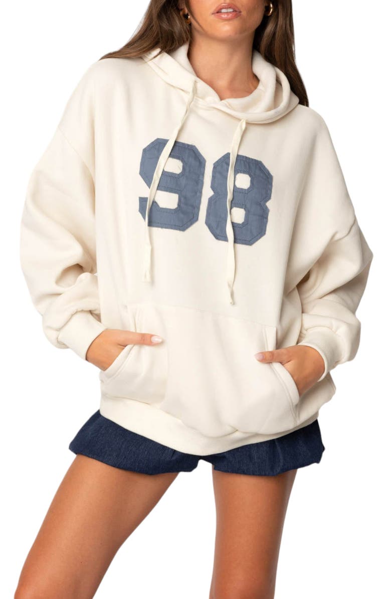 EDIKTED 98 Oversize Cotton Blend Graphic Hoodie, Main, color, Cream