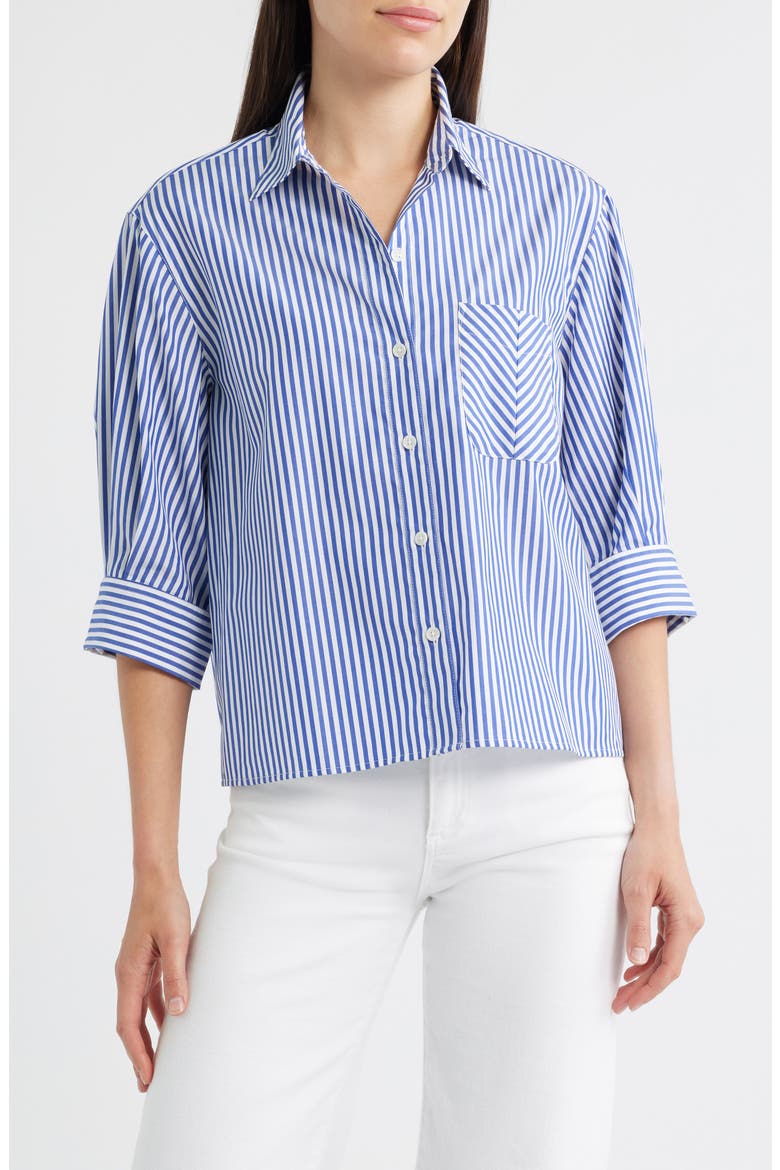 Lucia Stripe Cotton Poplin Button-Up Shirt, Main, color, NAVY STRIPE
