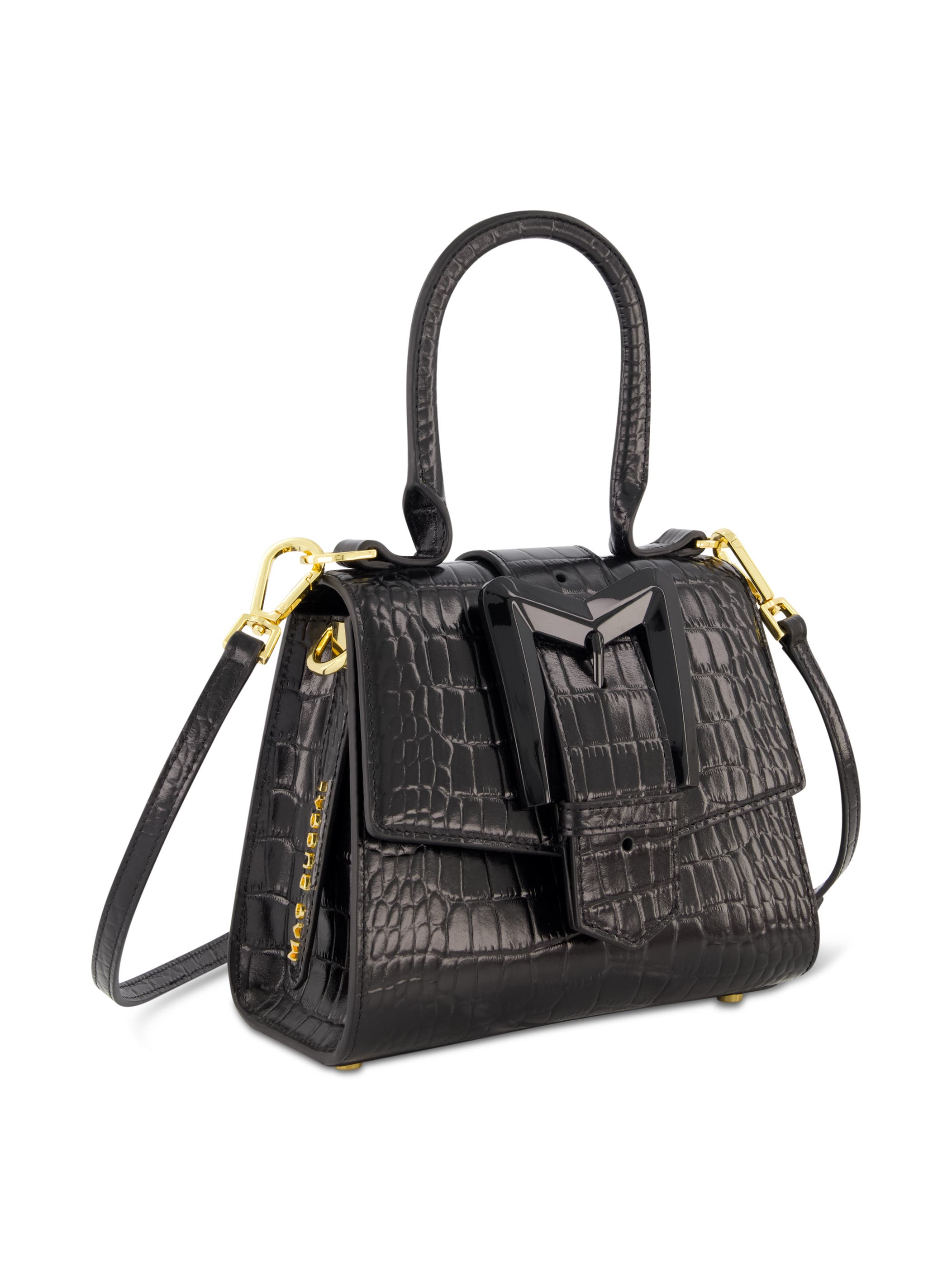 Mac Duggal Crocodile Leather Buckle Detail Mini Handbag, Alternate, color, Black