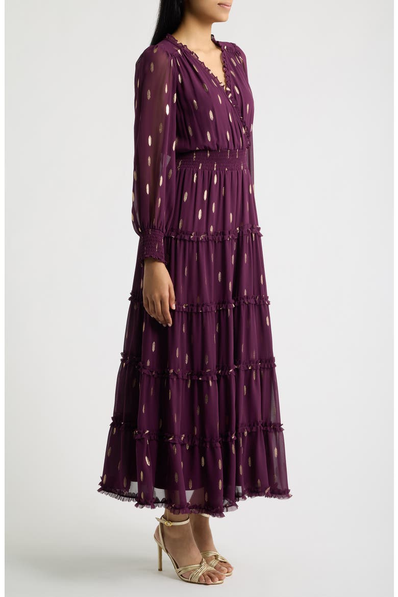 Foil Smocked Waist Long Sleeve Tiered Maxi Dress, Alternate, color, POTENT PURPLE