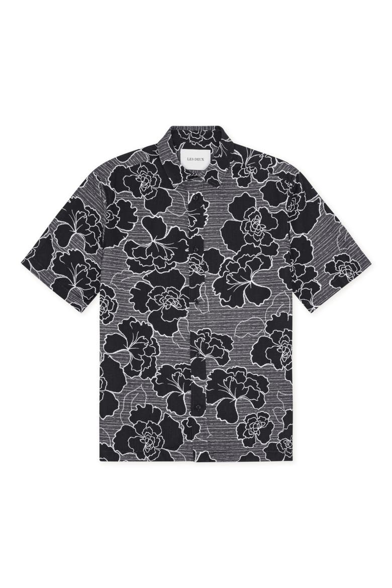 Charlie Poppy Pattern Short Sleeve Knit Cotton Blend Button-Up Shirt, Alternate, color, BLACK