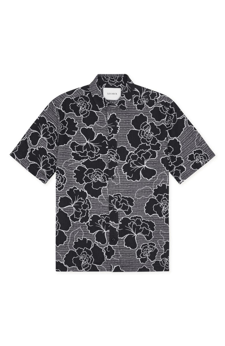 Les Deux Charlie Poppy Pattern Short Sleeve Knit Cotton Blend Button-Up Shirt, Alternate, color, Black