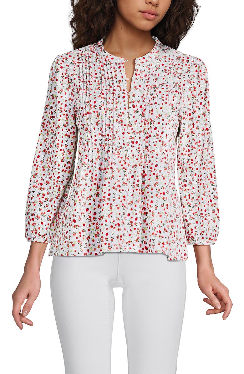Lands' End Lightweight Jersey Button Pintuck Top, Alternate, color, White Floral Strawberries