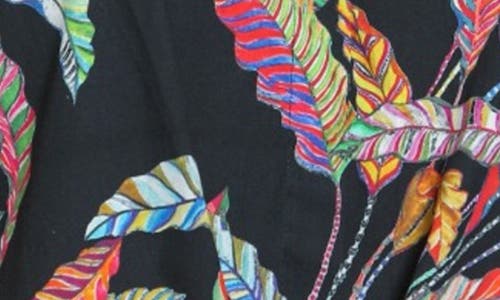 Apny Leaf Print Tie Waist Cotton Camp Shirt In Black Multi