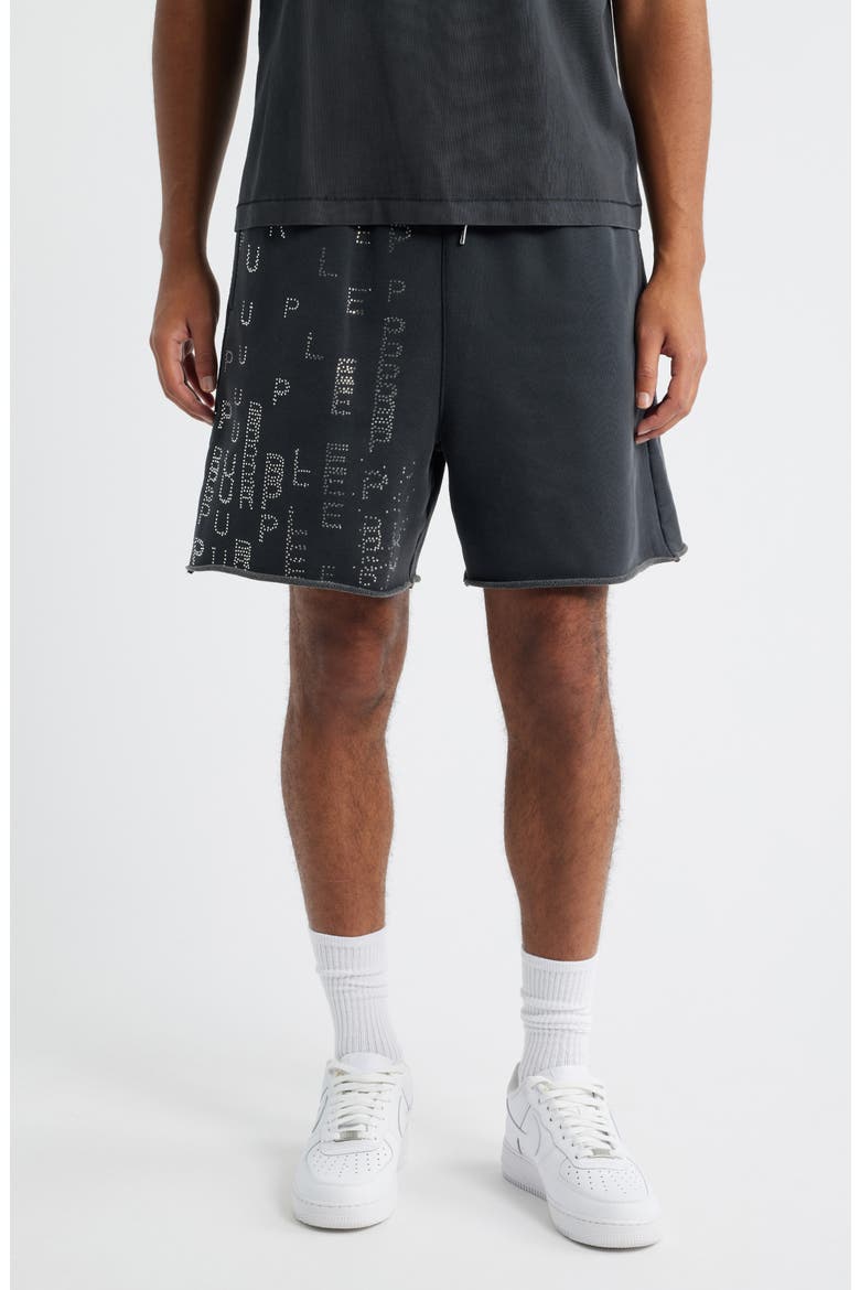 Embellished Logo Raw Hem Fleece Drawstring Shorts, Main, color, BLACK