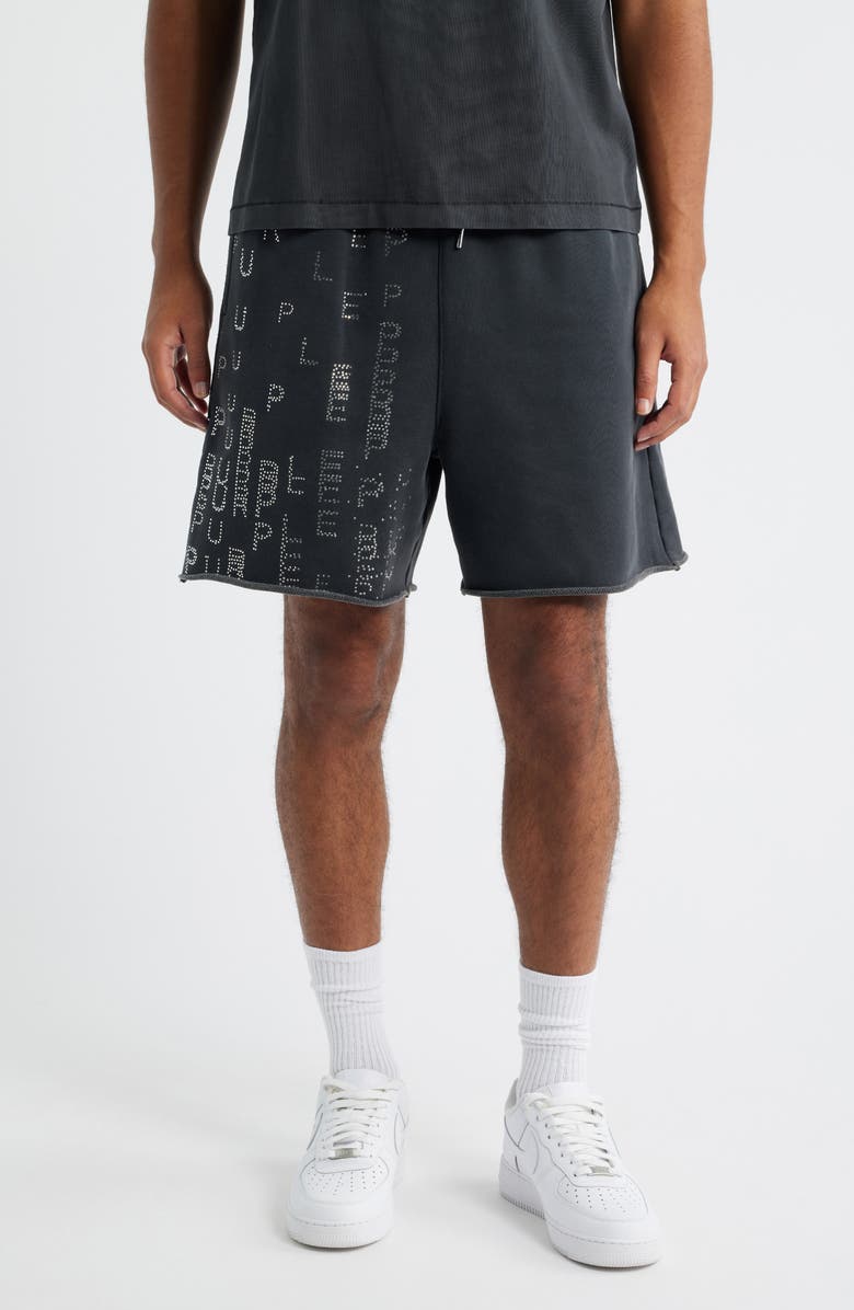 PURPLE BRAND Embellished Logo Raw Hem Fleece Drawstring Shorts, Main, color, Black