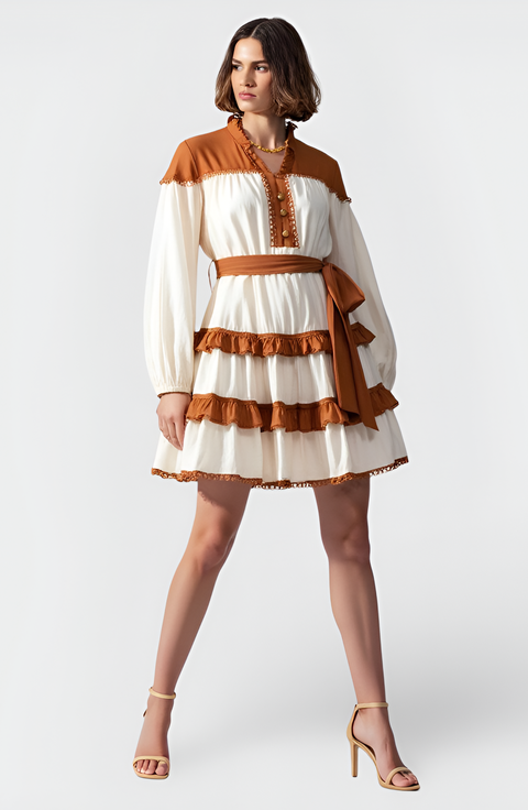 Contrast Trim Mini Dress with Waist Tie and Tiered Skirt