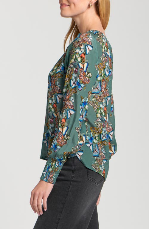 Apny Printed Smocked Cuff Top In Multi