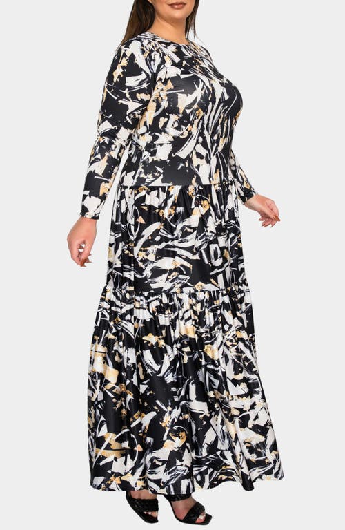 L I V D Zimmern Printed Tiered Long Sleeve Maxi Dress In Black Taupe
