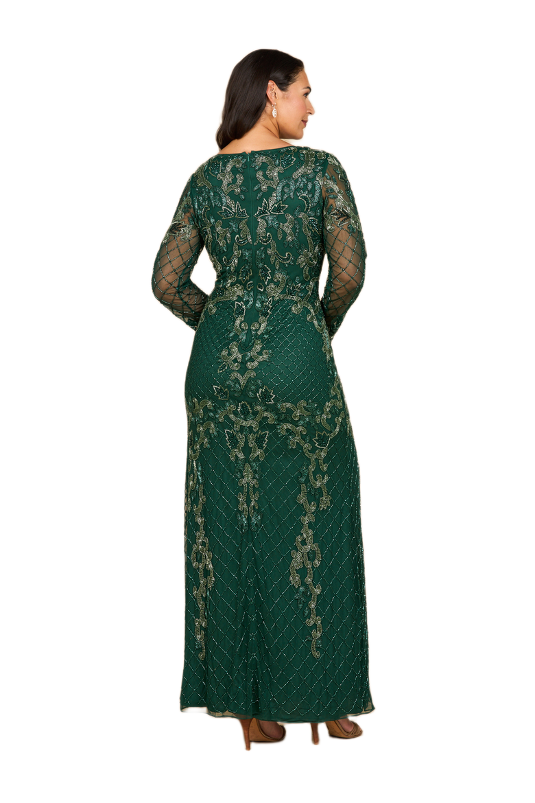 Long Sleeve Contrast Beaded Gown, Alternate, color, Dark Green