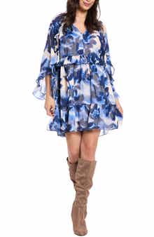 London Times Ruffle Bell Sleeve Chiffon Minidress