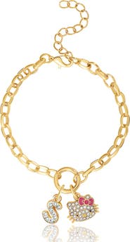 Hello Kitty Initial Crystal Charm Bracelet, Gold-Tone, Adjustable