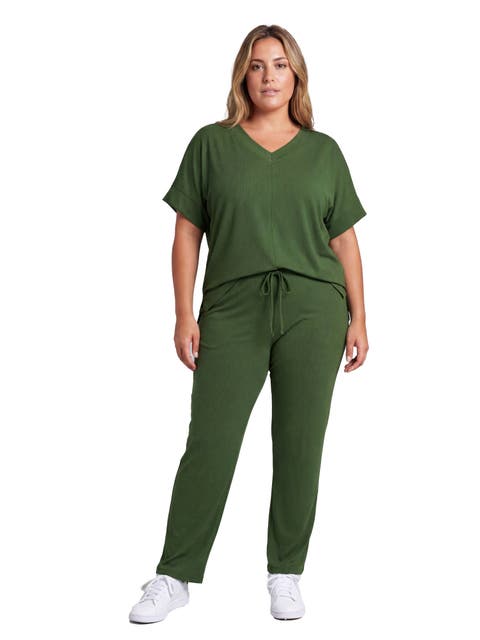 Curvy Basic Ribbed Knit Dolman Sleeve V-Neck Top and Drawstring Wide Leg Pant Set