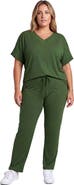 24seven Comfort Apparel Curvy Basic Ribbed Knit Dolman Sleeve V-Neck Top and Drawstring Wide Leg Pant Set