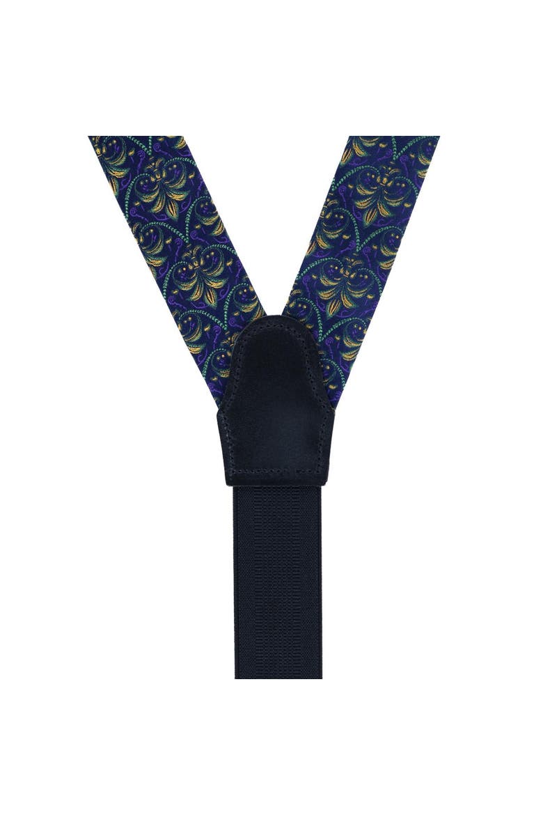 The French Quarter Fleur-de-Lis Silk Novelty Button End Suspenders, Alternate, color, Purple, Yellow, and Green