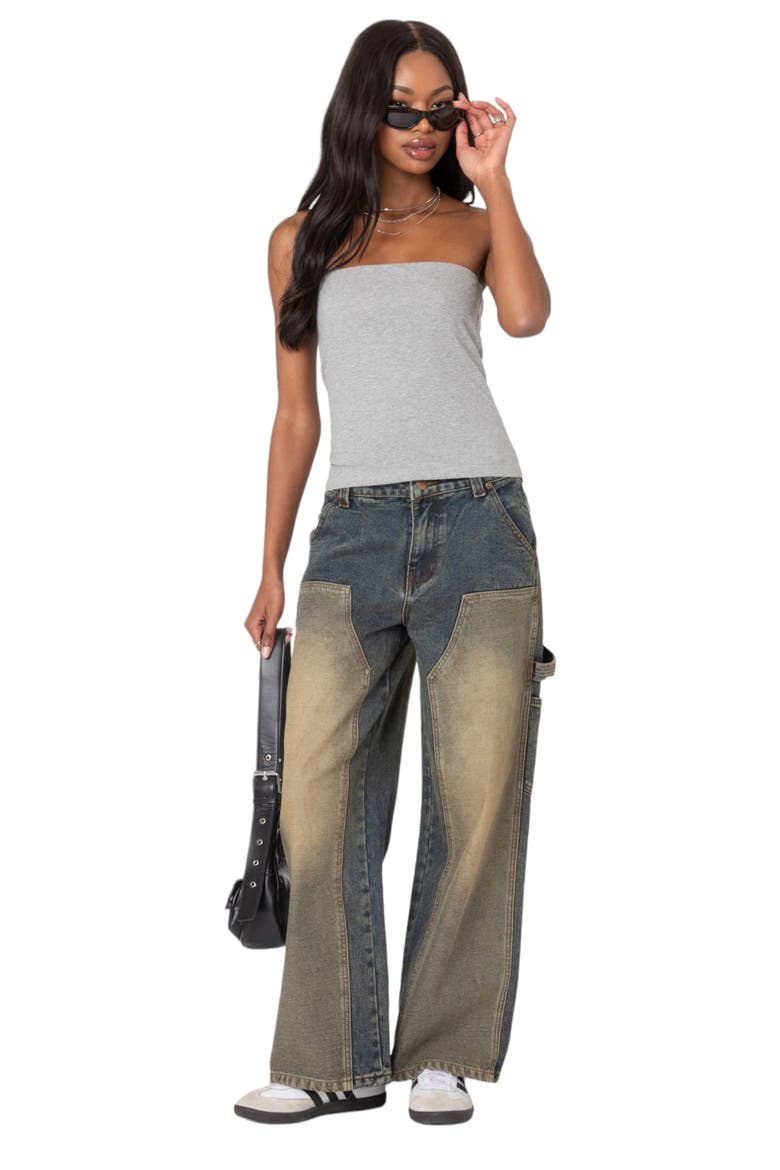 Contrast Panel Low-Rise Baggy Jeans, Alternate, color, BLUE-WASHED