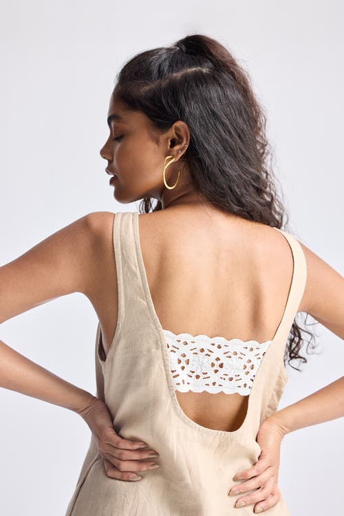 Reistor Hemp Short Dress With Back Embroidered Lace Detail In Neutral