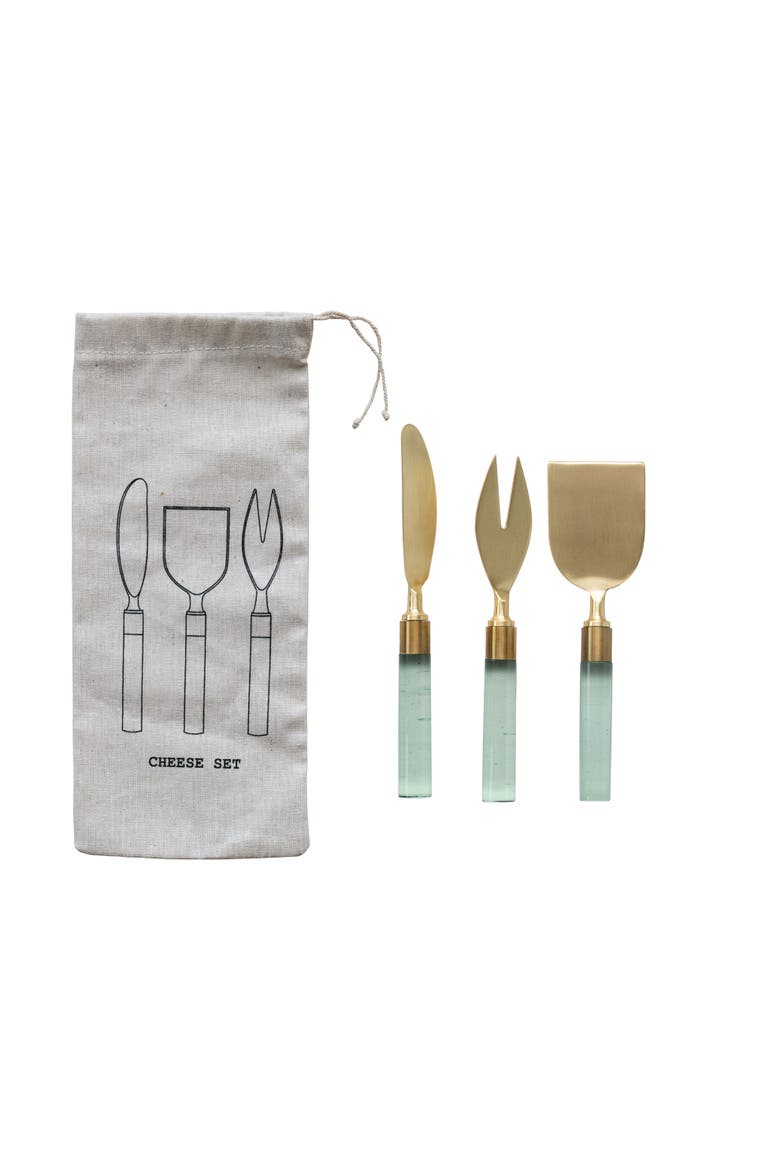 7 Inches Stainless Steel Cheese Utensils with Resin Handles and Printed Drawstring Bag, Brass Finish and Green, Main, color, Green