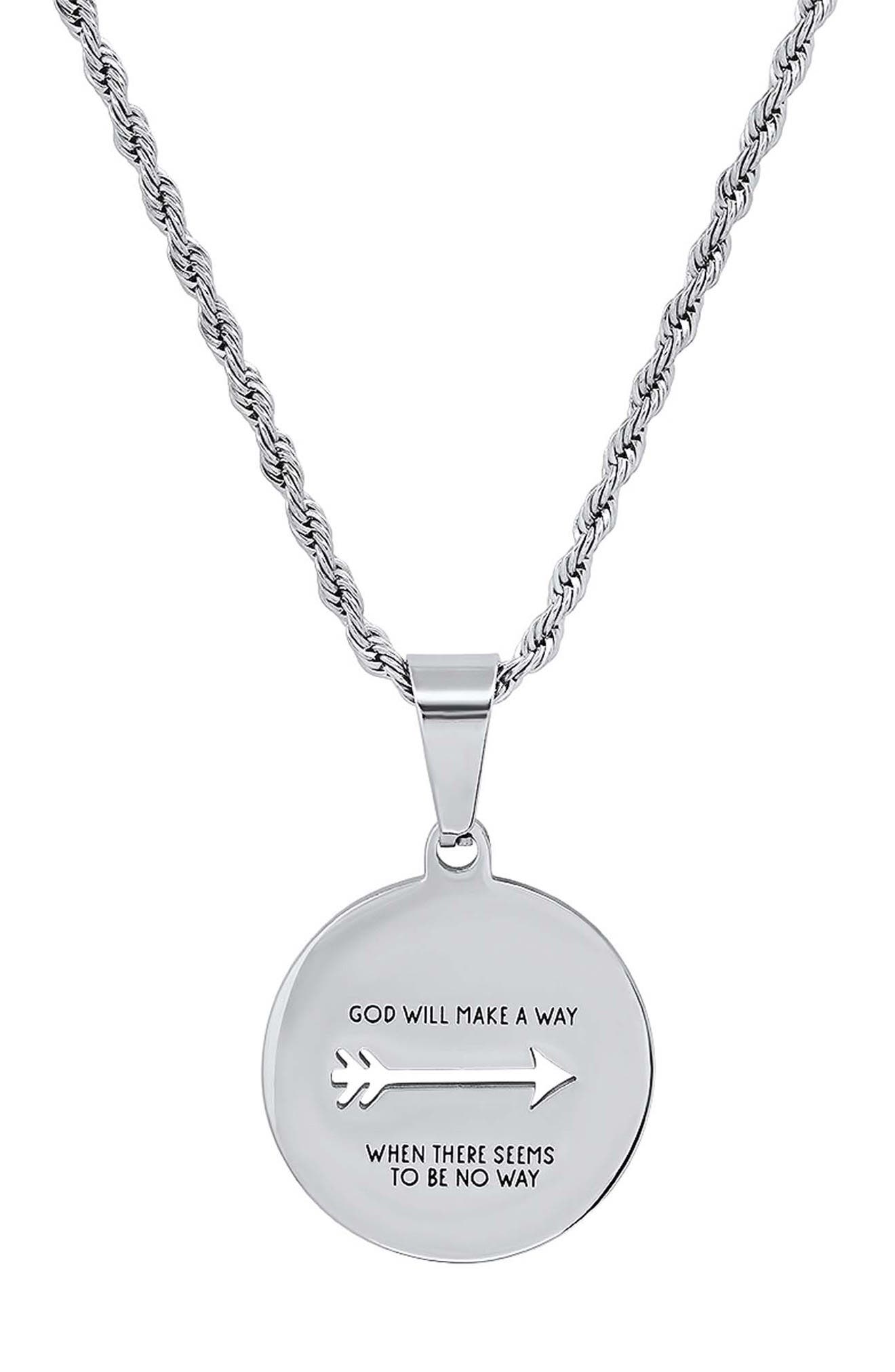 Inscribed Disc Pendant Rope Chain Necklace