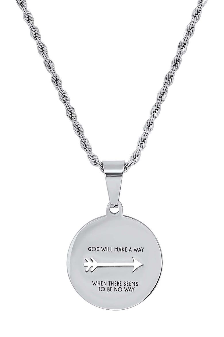 Inscribed Disc Pendant Rope Chain Necklace, Main, color, SILVER
