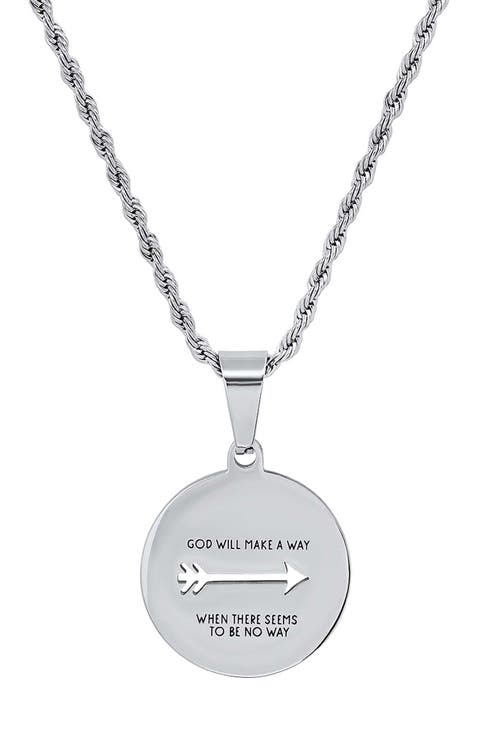 Inscribed Disc Pendant Rope Chain Necklace