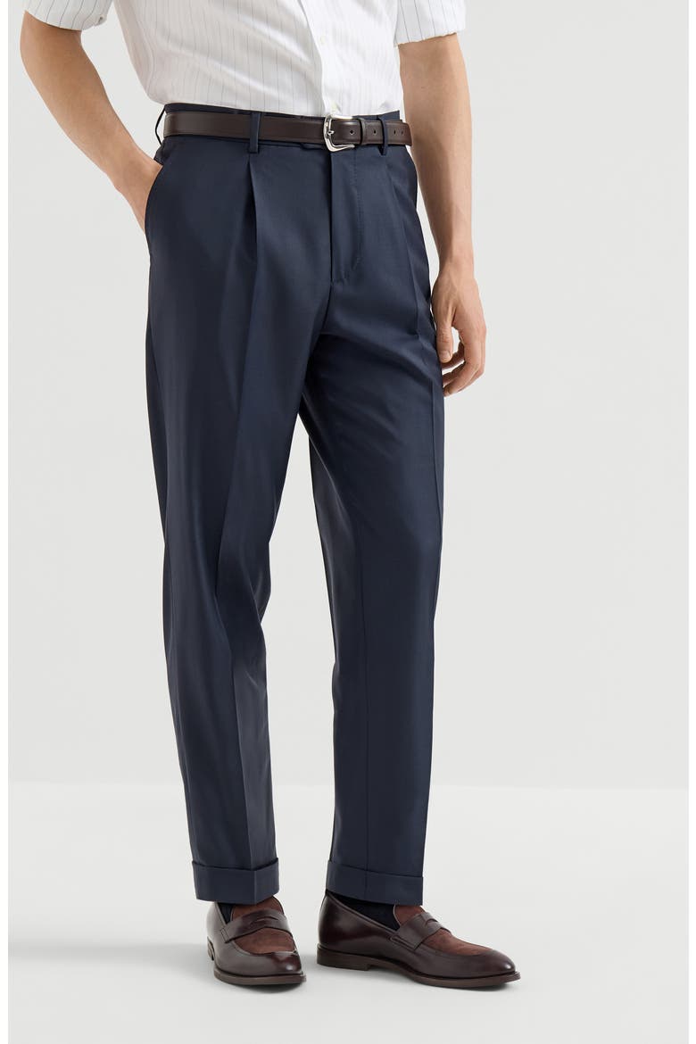 Super 150s virgin wool four season batavia trousers with pleat, Main, color, Navy Blue