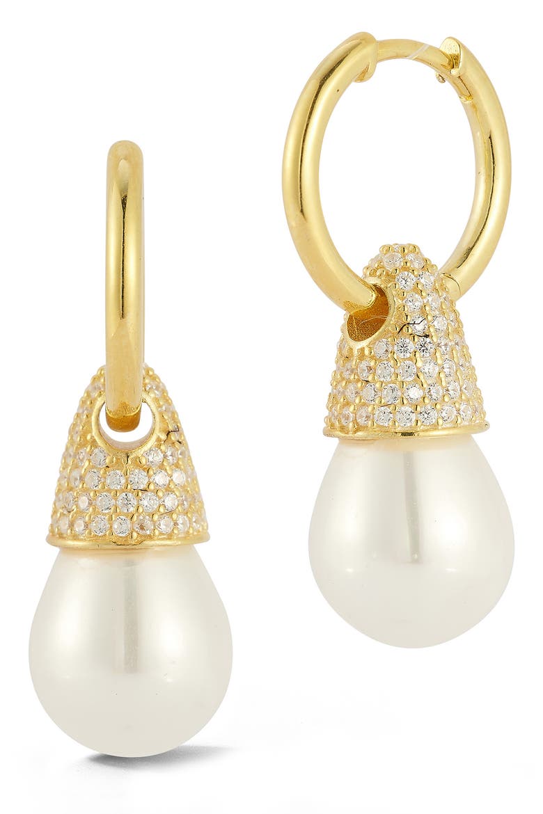 Imitation Pearl Drop Huggie Hoop Earrings, Main, color, GOLD