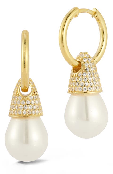 Cultured Pearl Drop Huggie Hoop Earrings