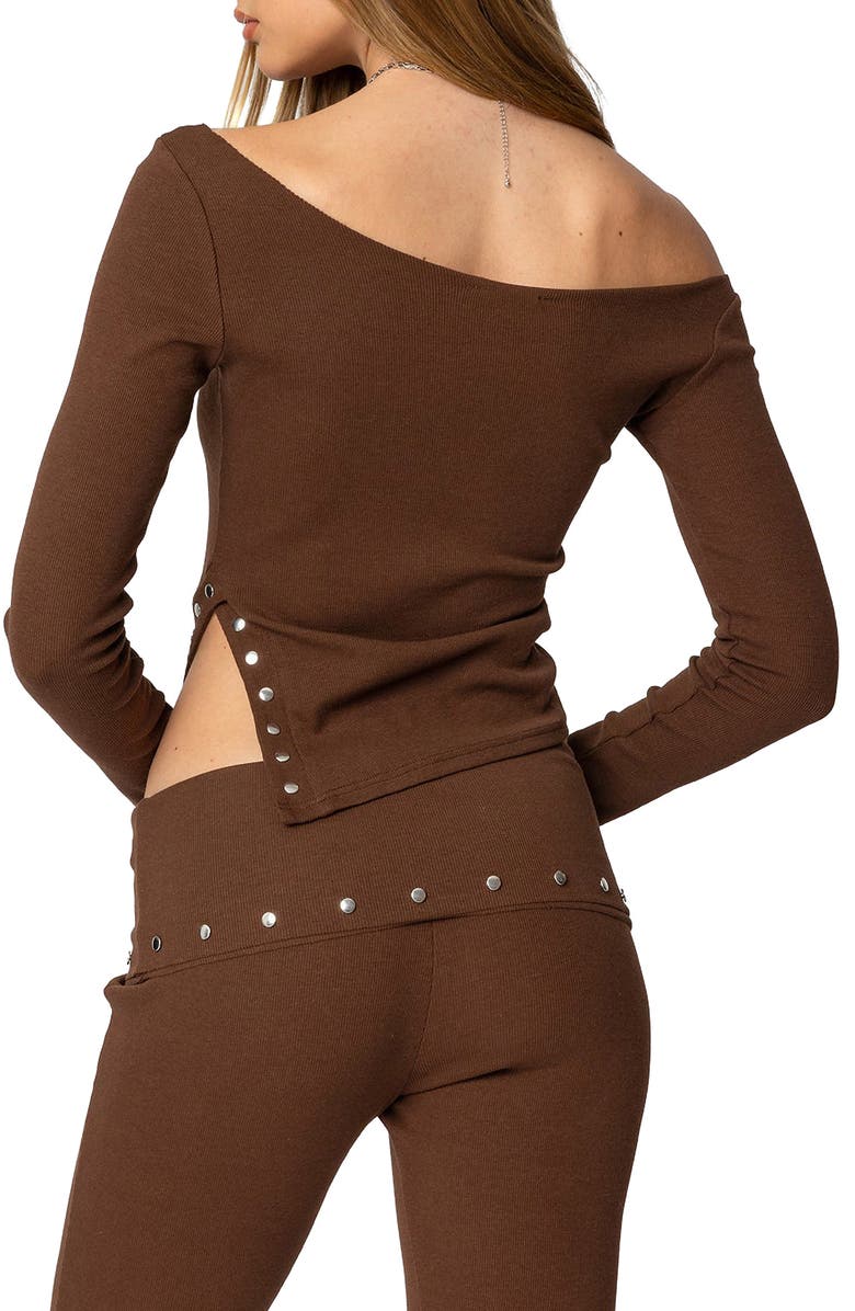 EDIKTED Aries Off the Shoulder Studded Rib Top, Alternate, color, Brown