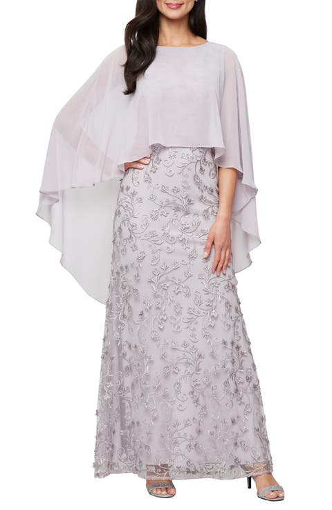 Chiffon Capelet Floral Embroidered Gown (Petite)