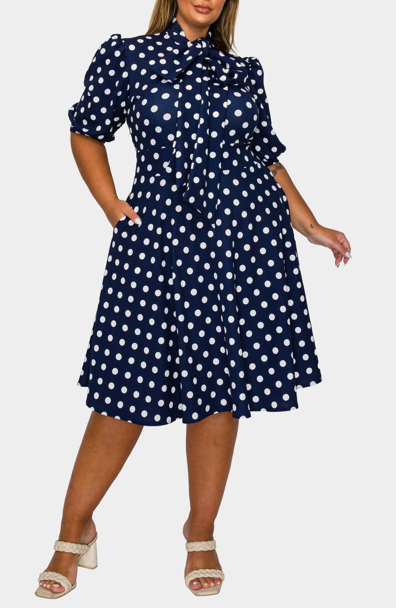 L I V D Breken Tie Neck Flare Dress, Alternate, color, Navy White