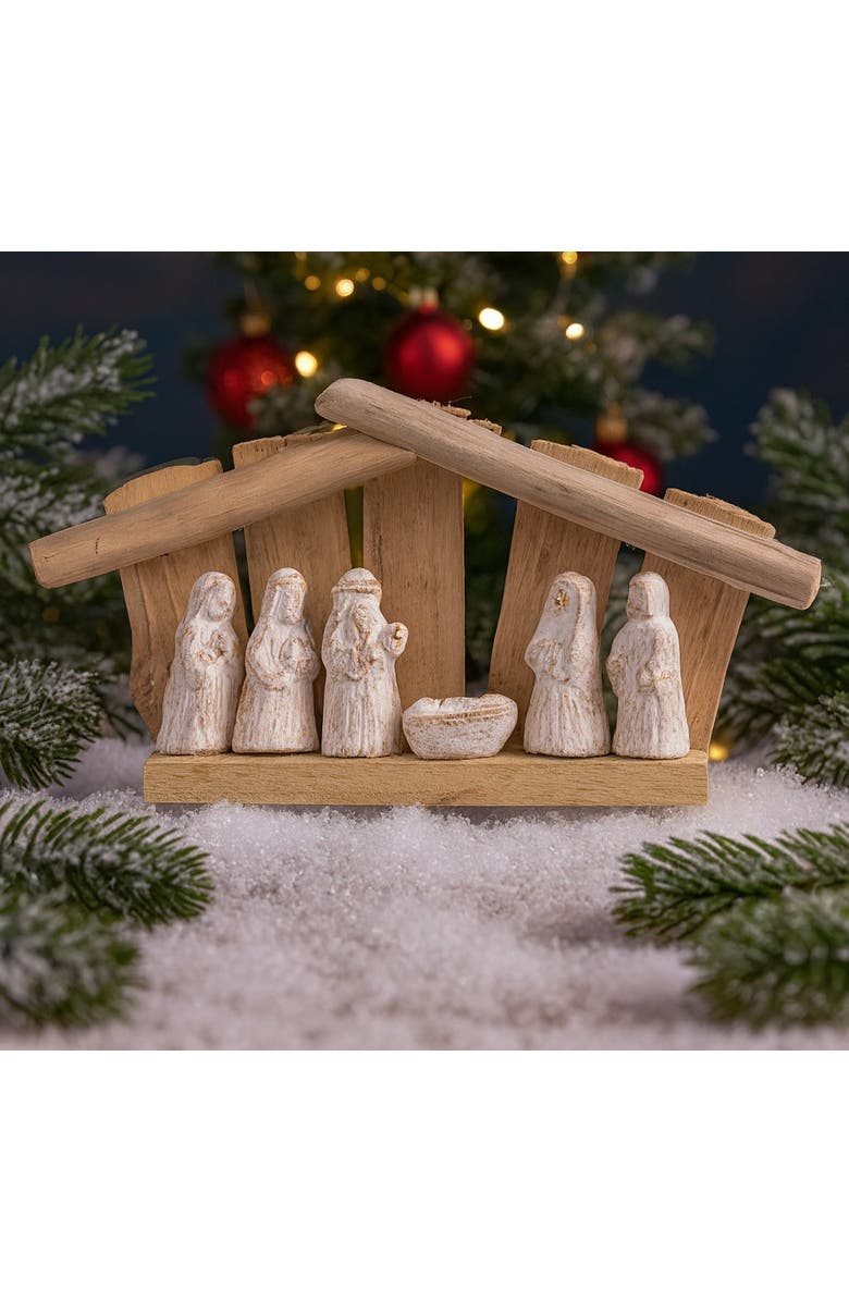 Transpac Driftwood Nativity Set White Wash Wooden Figurines Christmas Decor, Alternate, color,