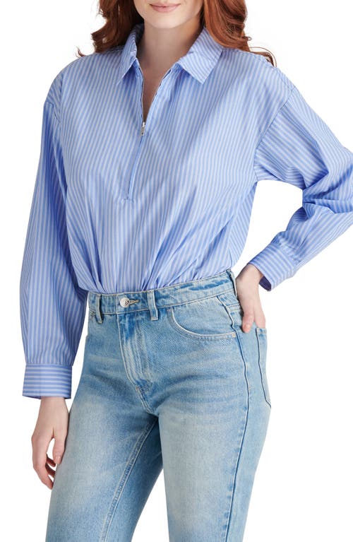 Shop Steve Madden Alma Pinstripe Long Sleeve Bodysuit In Vintage Blue