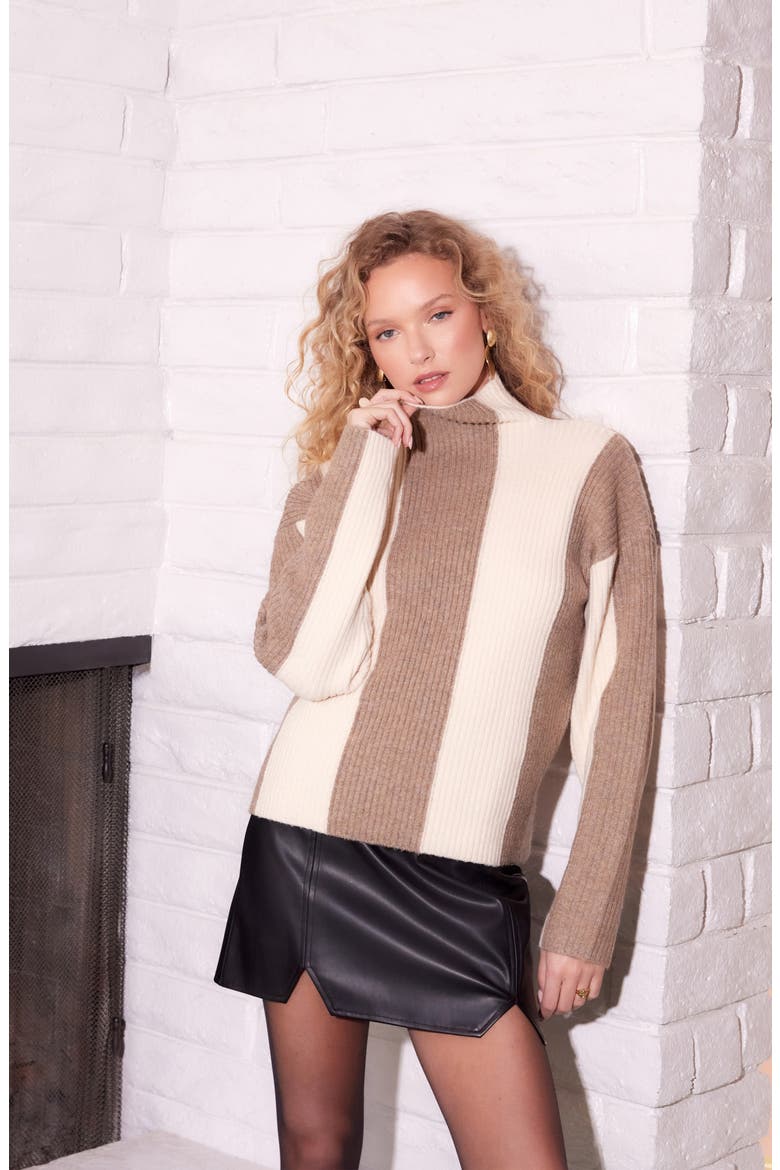 Amerie Stripe Funnel Neck Rib Sweater, Alternate, color, SAND AND WHEAT