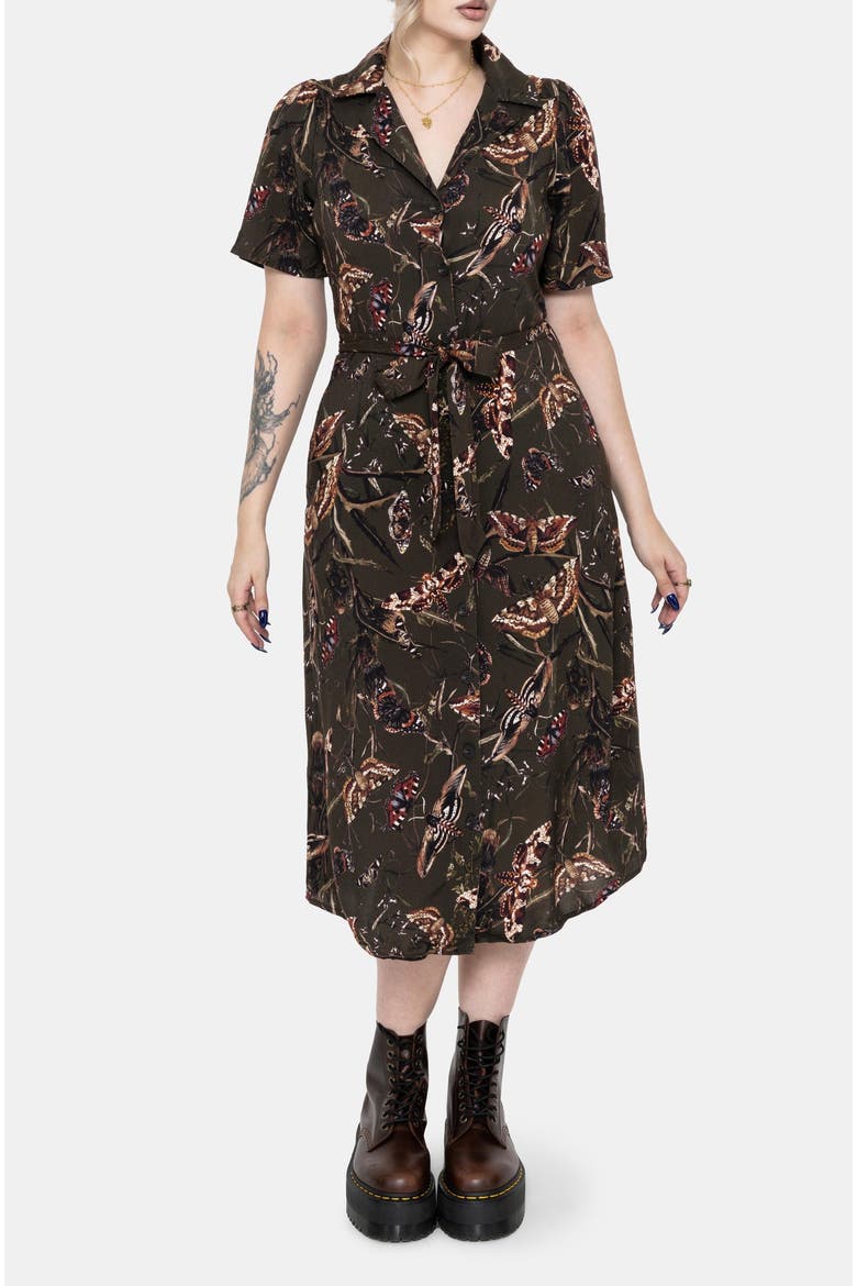 Whispen Moth Print Midi Shirt Dress, Alternate, color, Green
